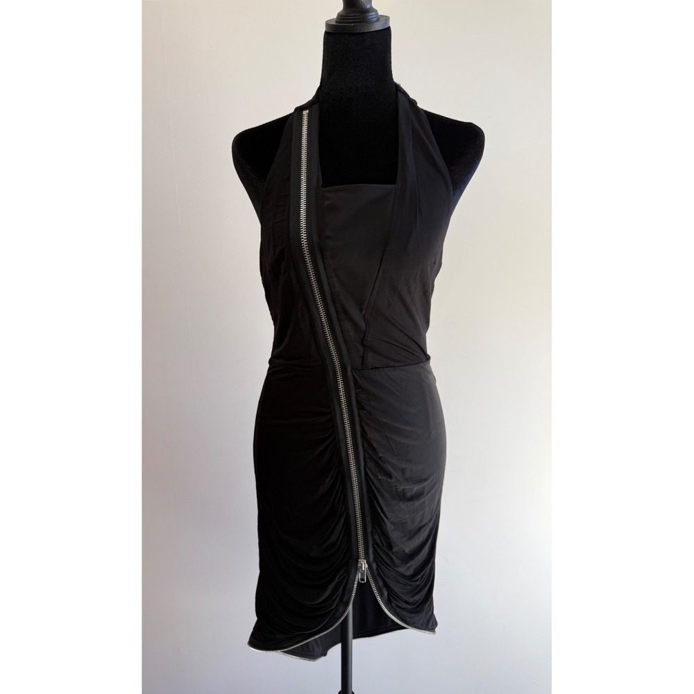 Bebe Black Halter Mini Dress Diagonal Exposed Zipper Ruched Bodycon Size M